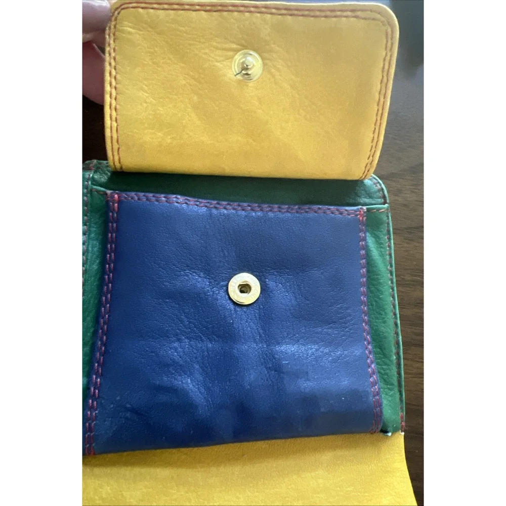VTG Italian Leather Wallet Bi Fold Multi Colorblock Snap Fiocchi Hardware Retro